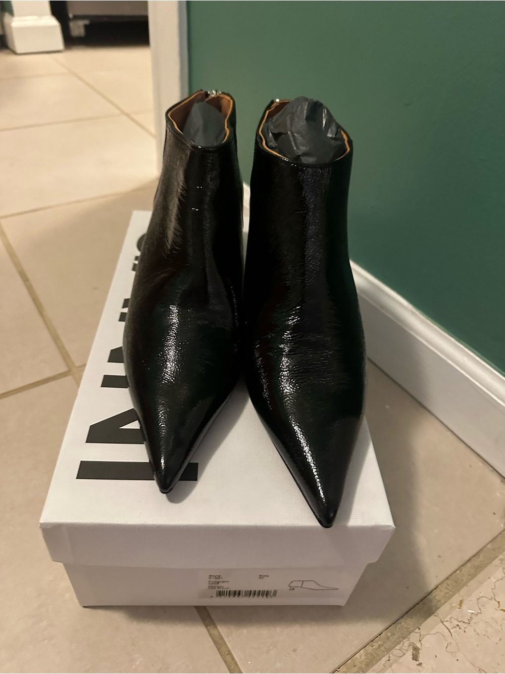 Ganni Black Patent Pointed Toe Ankle Booties
